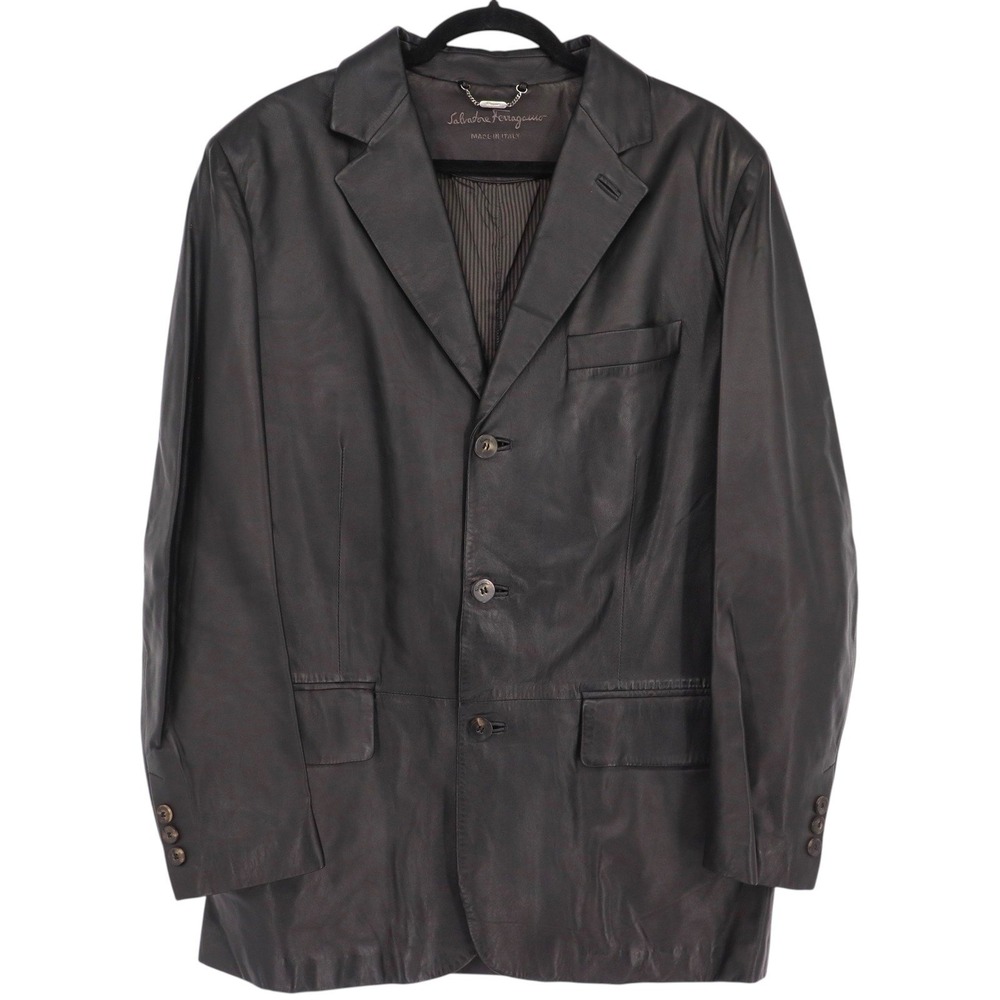 Vintage Salvatore Ferragamo Men's Black Leather Jacket Made in Italy IT 48 US 38